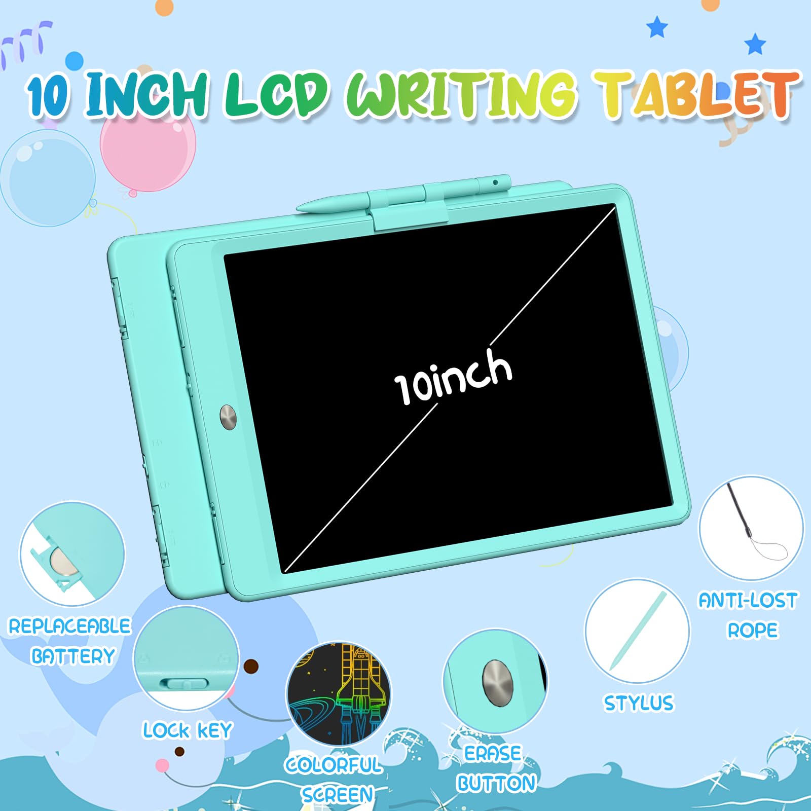 PYTTUR 2 Pack LCD Writing Tablet for Kids 10 Inch Reusable Drawing Pad Colorful Toddler Writing Board Electronic Drawing Tablet Educational and Learning Toys Drawing Set for Kids Ages 3-10(B+P)