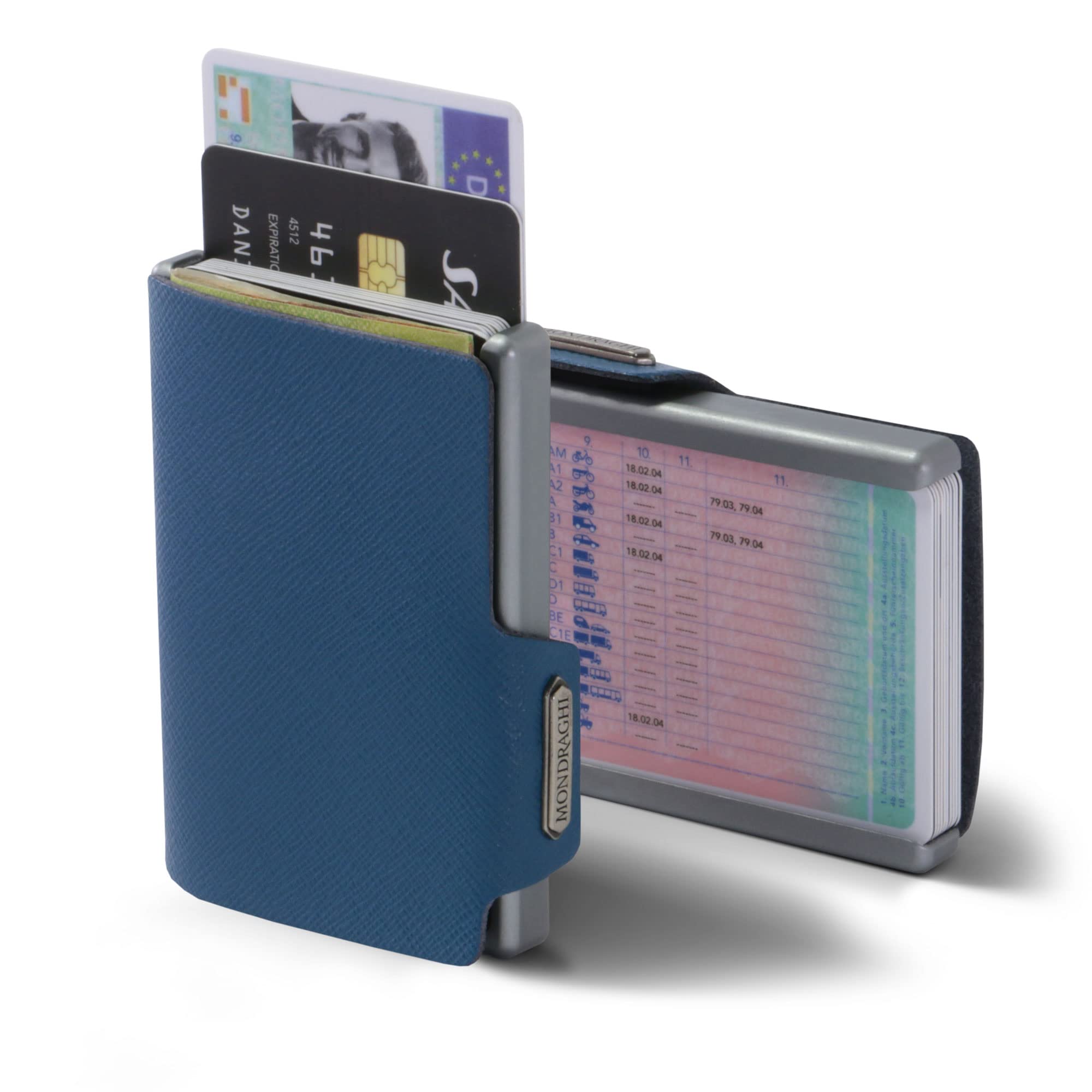 Mondraghi Saffiano Wallet | RFID protection integrated into the note clip Stop and Go | Aluminum shell | Leather Miniwallet, Saffiano (BLUE). Made in Italy.