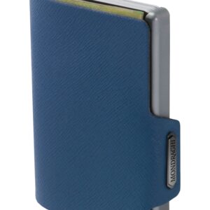 Mondraghi Saffiano Wallet | RFID protection integrated into the note clip Stop and Go | Aluminum shell | Leather Miniwallet, Saffiano (BLUE). Made in Italy.