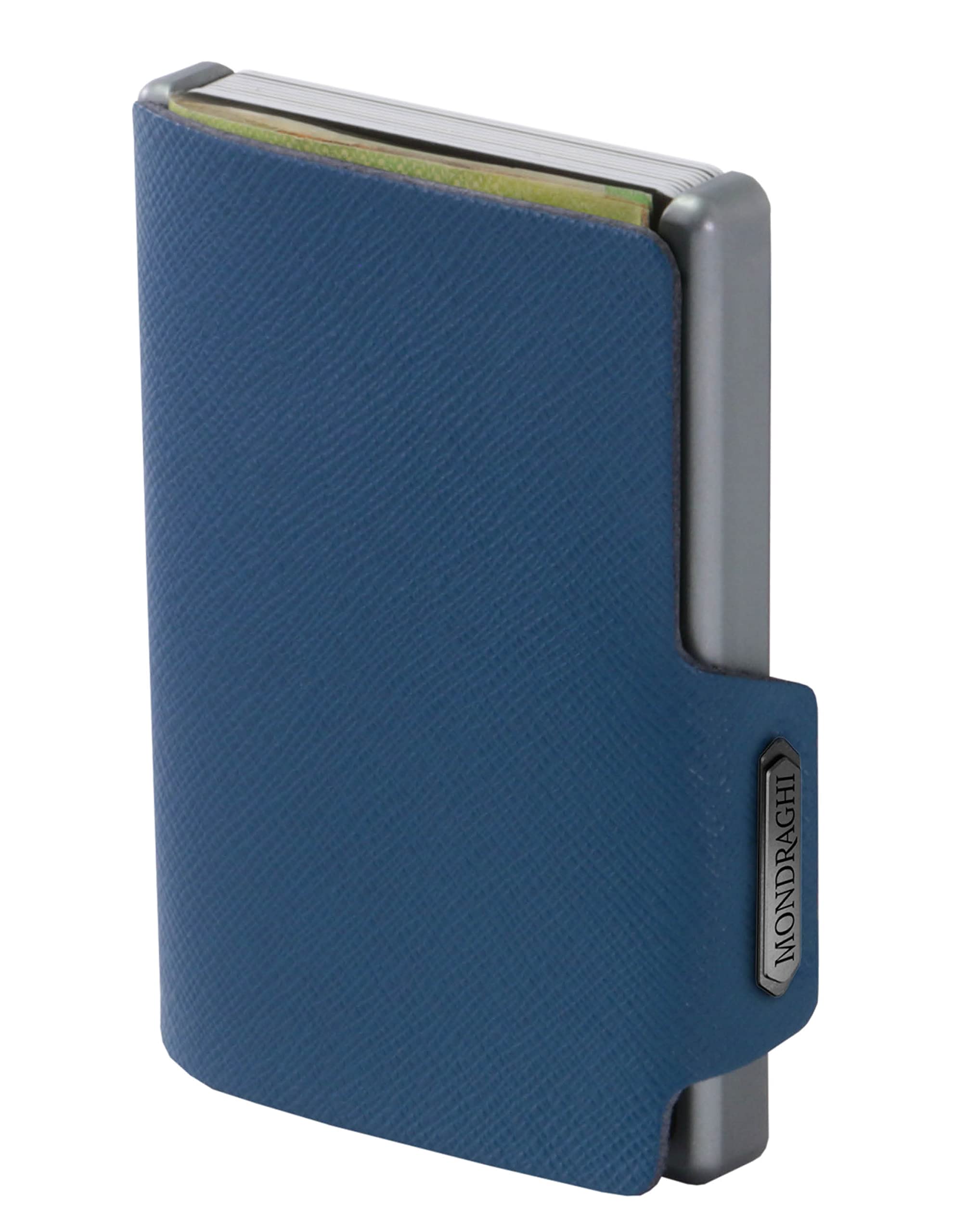 Mondraghi Saffiano Wallet | RFID protection integrated into the note clip Stop and Go | Aluminum shell | Leather Miniwallet, Saffiano (BLUE). Made in Italy.