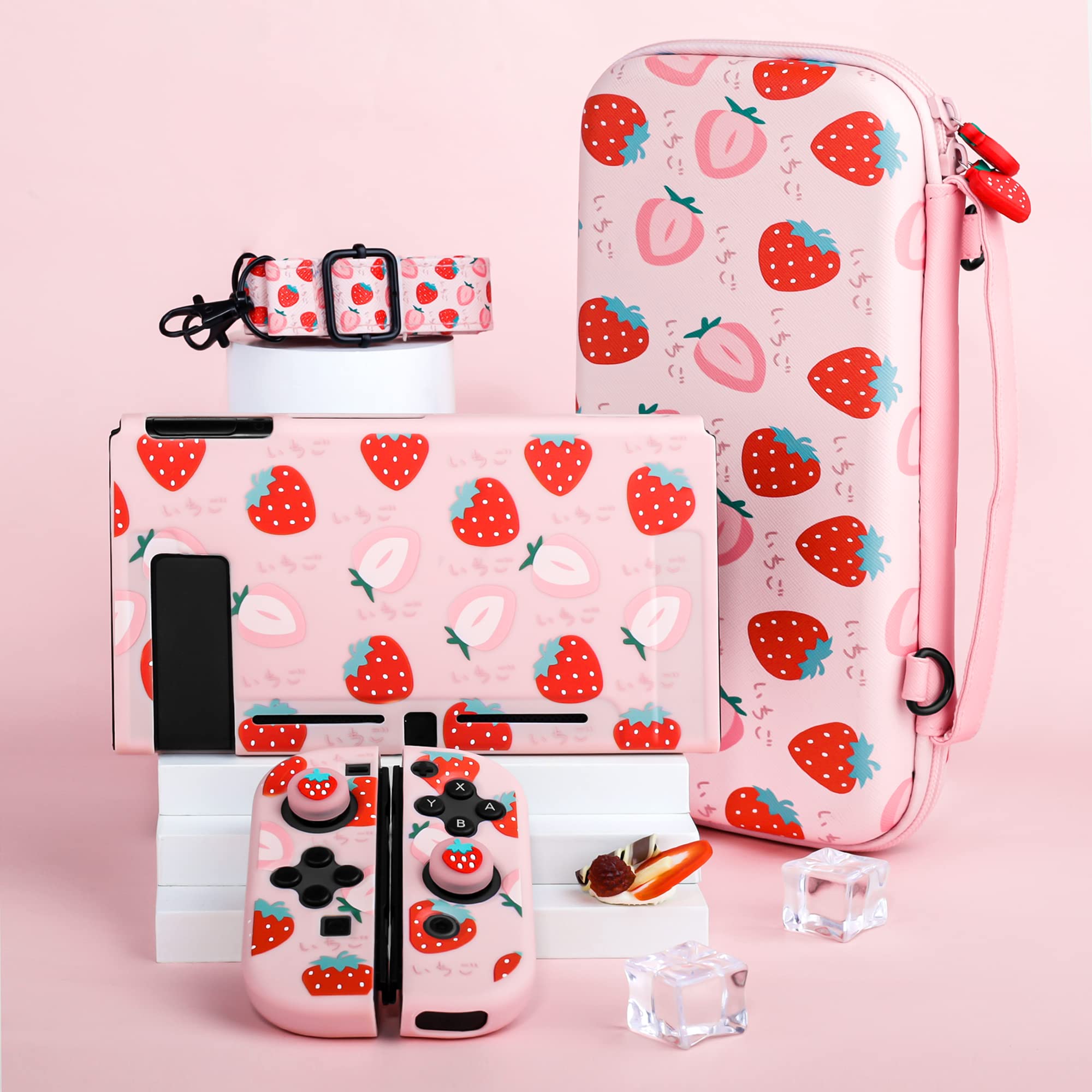 FUNDIARY Cute Strawberry Carrying Case for Nintendo Switch, Travel Bag Accessories Bundle for Switch with Protective Case, Screen Protector, Adjustable Shoulder Strap and 2 Strawberry Thumb Caps