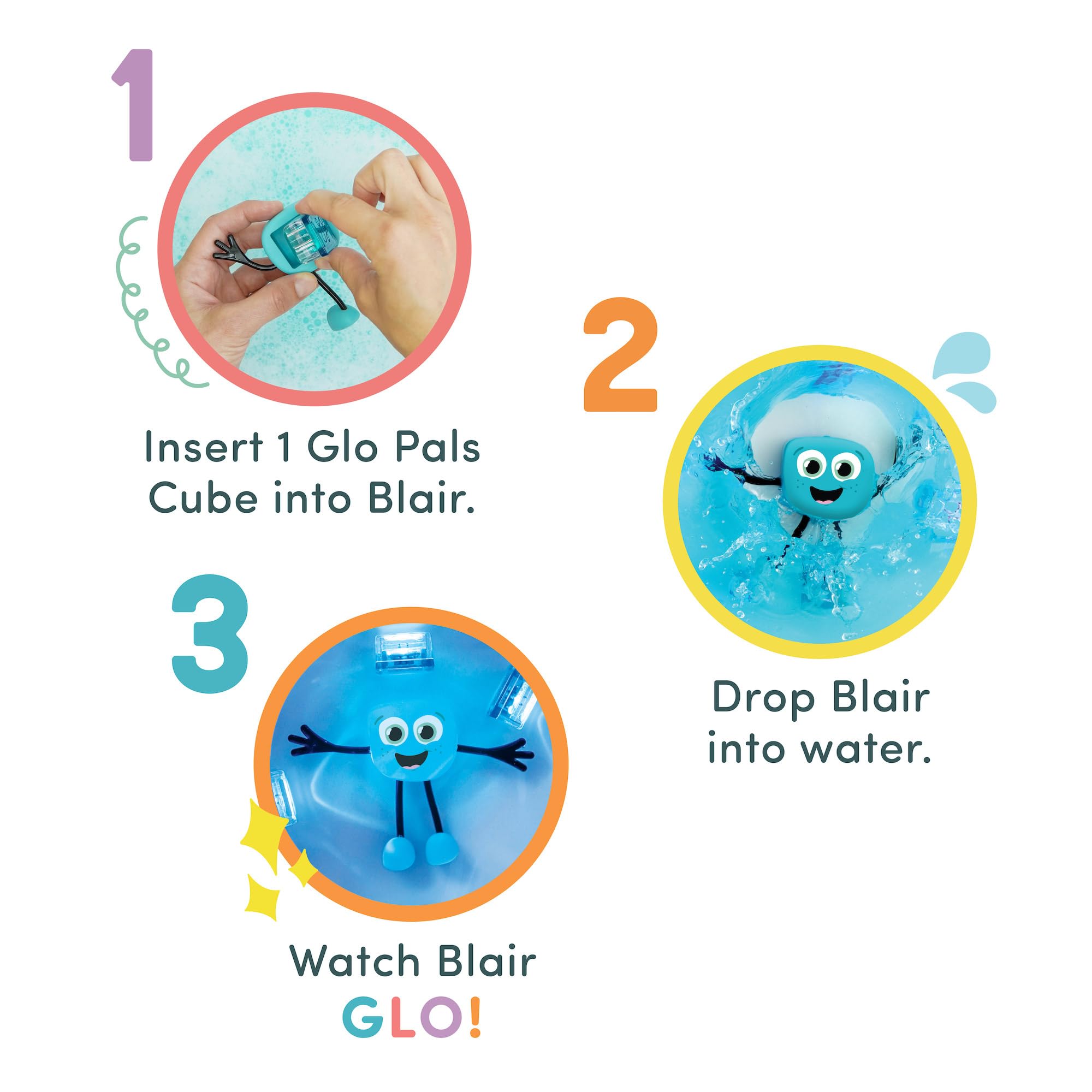 Glo Pals New Blair Water-Activated Bath Toy with 6 Reusable Light-Up Cubes for Sensory Play