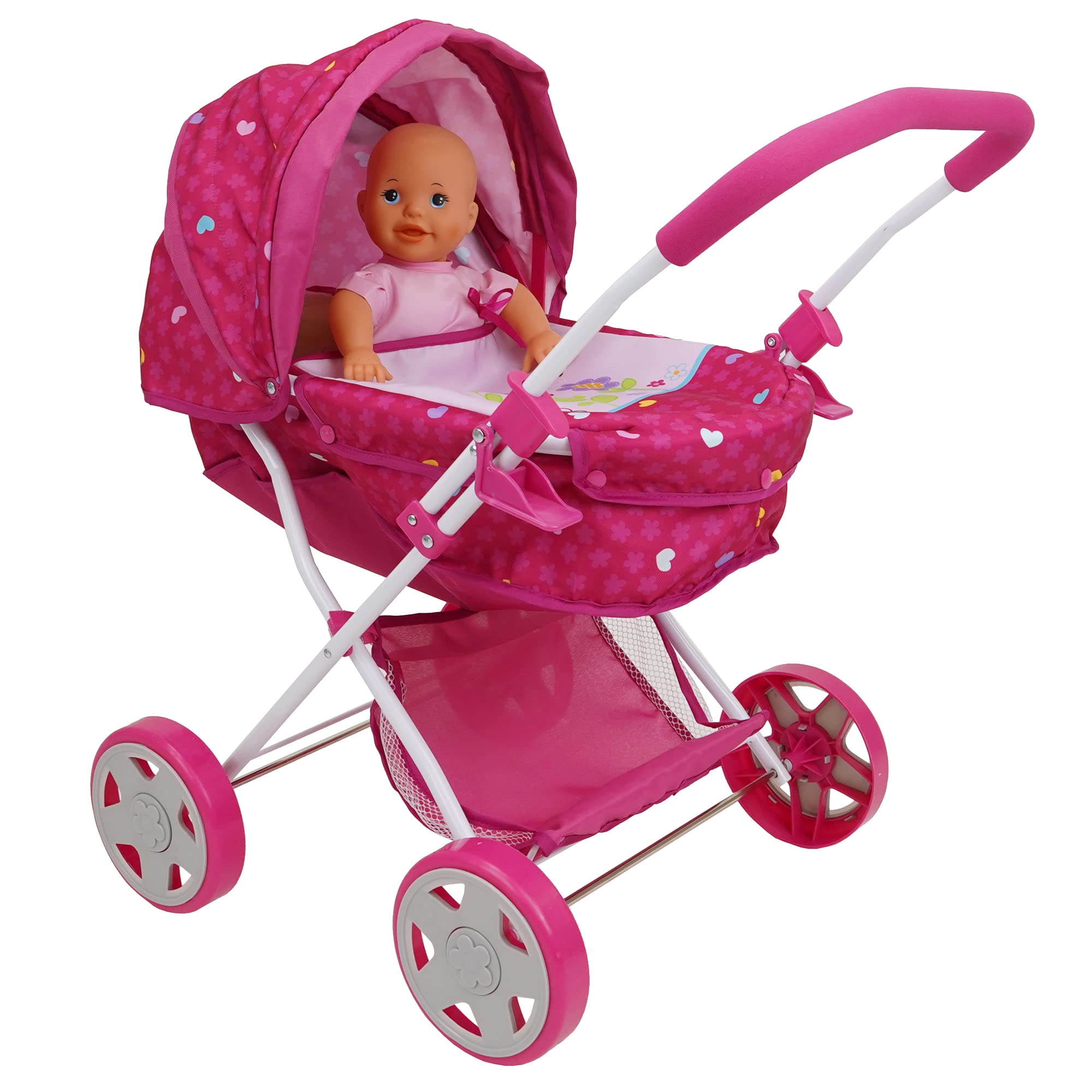 509 Crew Garden Pram N Doll Set - 14" Baby Doll & Folding Pram Set, Kids Pretend Play, Ages 3+