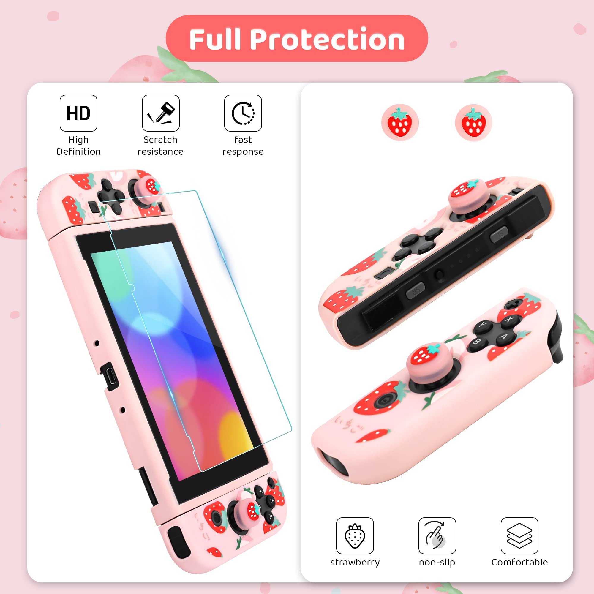 FUNDIARY Cute Strawberry Carrying Case for Nintendo Switch, Travel Bag Accessories Bundle for Switch with Protective Case, Screen Protector, Adjustable Shoulder Strap and 2 Strawberry Thumb Caps