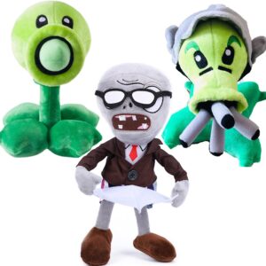 JHESAO 3 PCS Plants and Zombies Plush Plants Sets Zombies Toy Pea, 1 2 Stuffed Soft Gatling Pea Doll, Newspaper Zombie PVZ Plush Figure Doll New