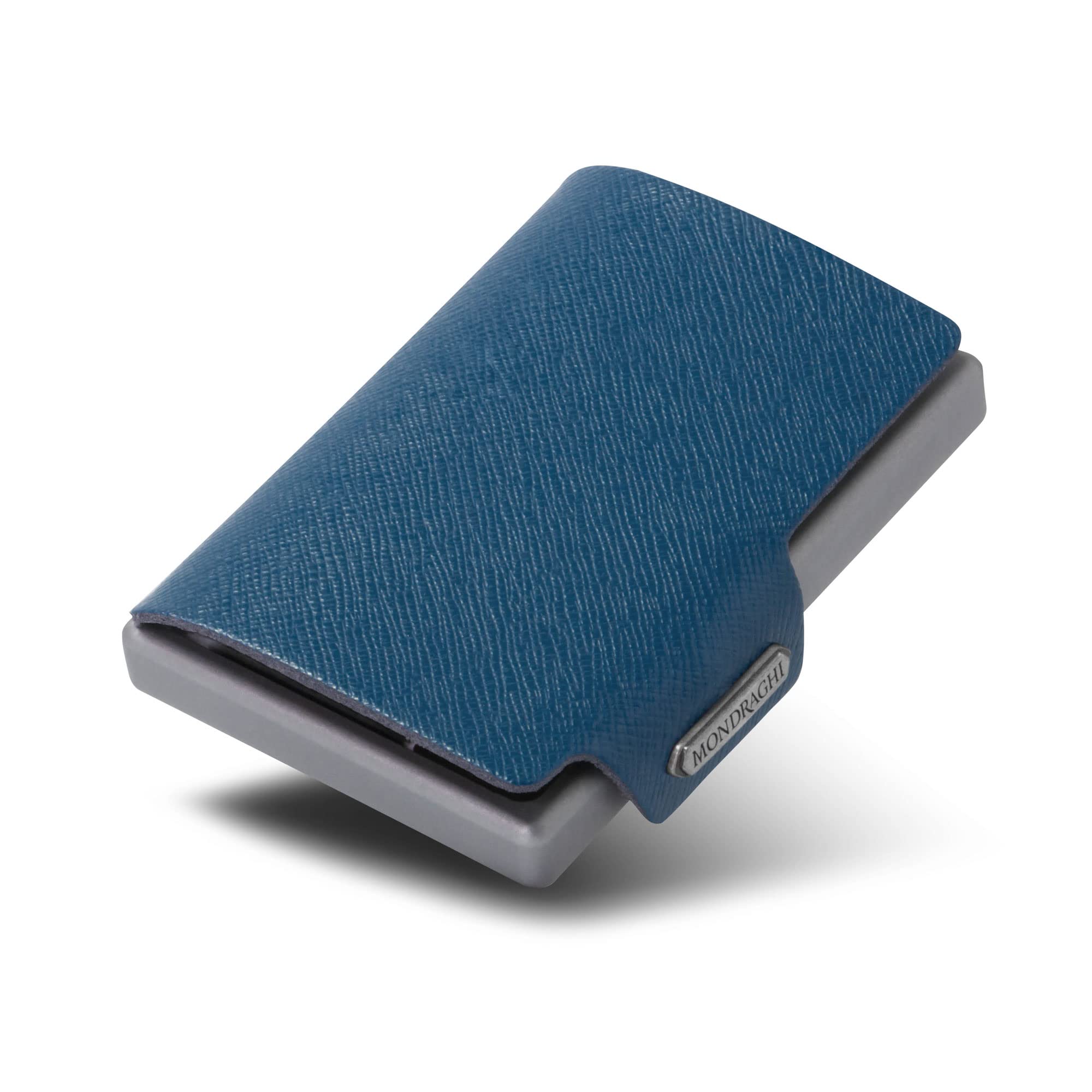 Mondraghi Saffiano Wallet | RFID protection integrated into the note clip Stop and Go | Aluminum shell | Leather Miniwallet, Saffiano (BLUE). Made in Italy.