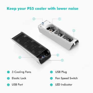 PS5 Cooling Fan with LED Light, KIWIHOME PS5 Accessories, Upgraded Cooler Fan with USB3.0 Port for Playstation 5 PS5 Digital Edition/Ultra HD Console(Black+White)