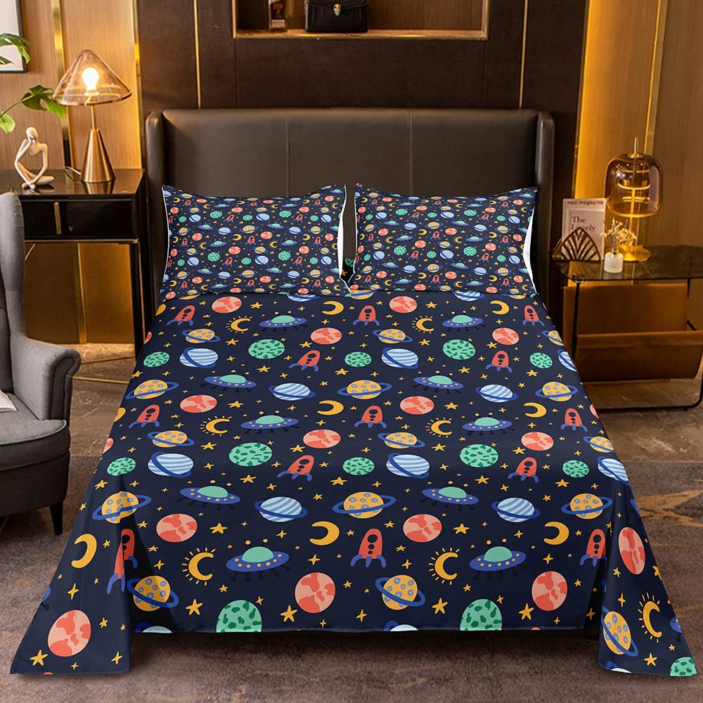 Color Planet Moon Star Flat Sheet Queen with 2 Pillowshames for Boys Girls Outer Space Universe Fitted Sheet Sets for Kids Spaceship Rocket Pattern Bedding Sheets