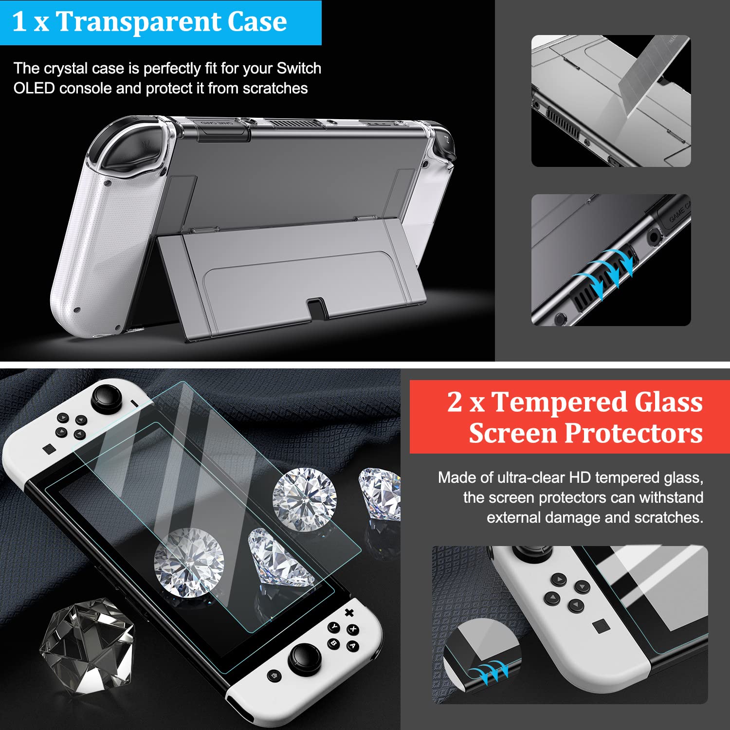 Switch OLED Accessories Bundle, innoAura 20 in 1 Switch OLED Accessories Kit Include Wrist Straps, Switch Carry Case, J-con Charging Dock, J-con Grips & Racing Wheels