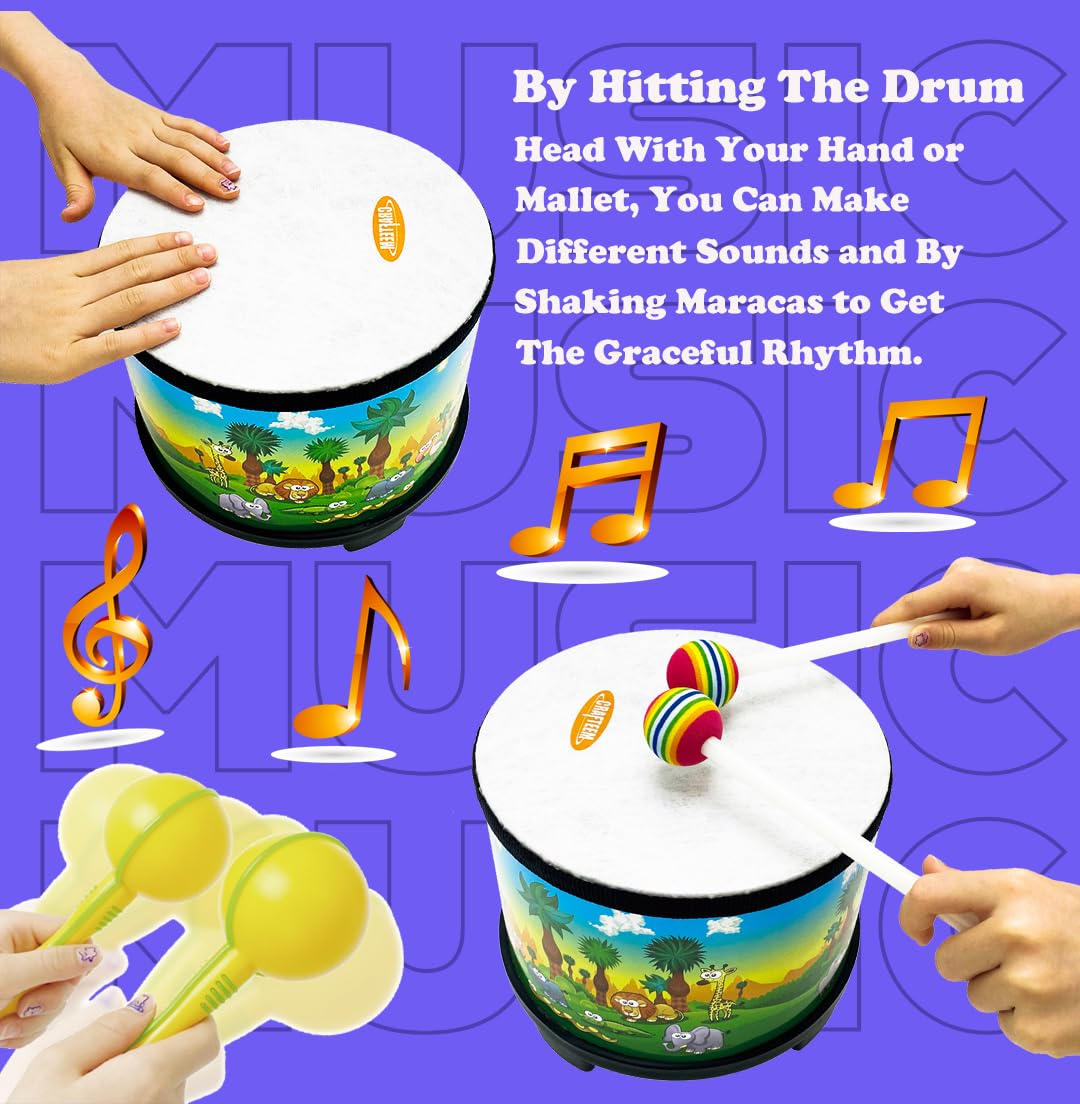 Crafteem Floor Tom Drum for Kids 8-inch Percussion Instrument Music Drum with 2 Mallets and Color Maracas for Baby Children Special Christmas Birthday Toy Gift