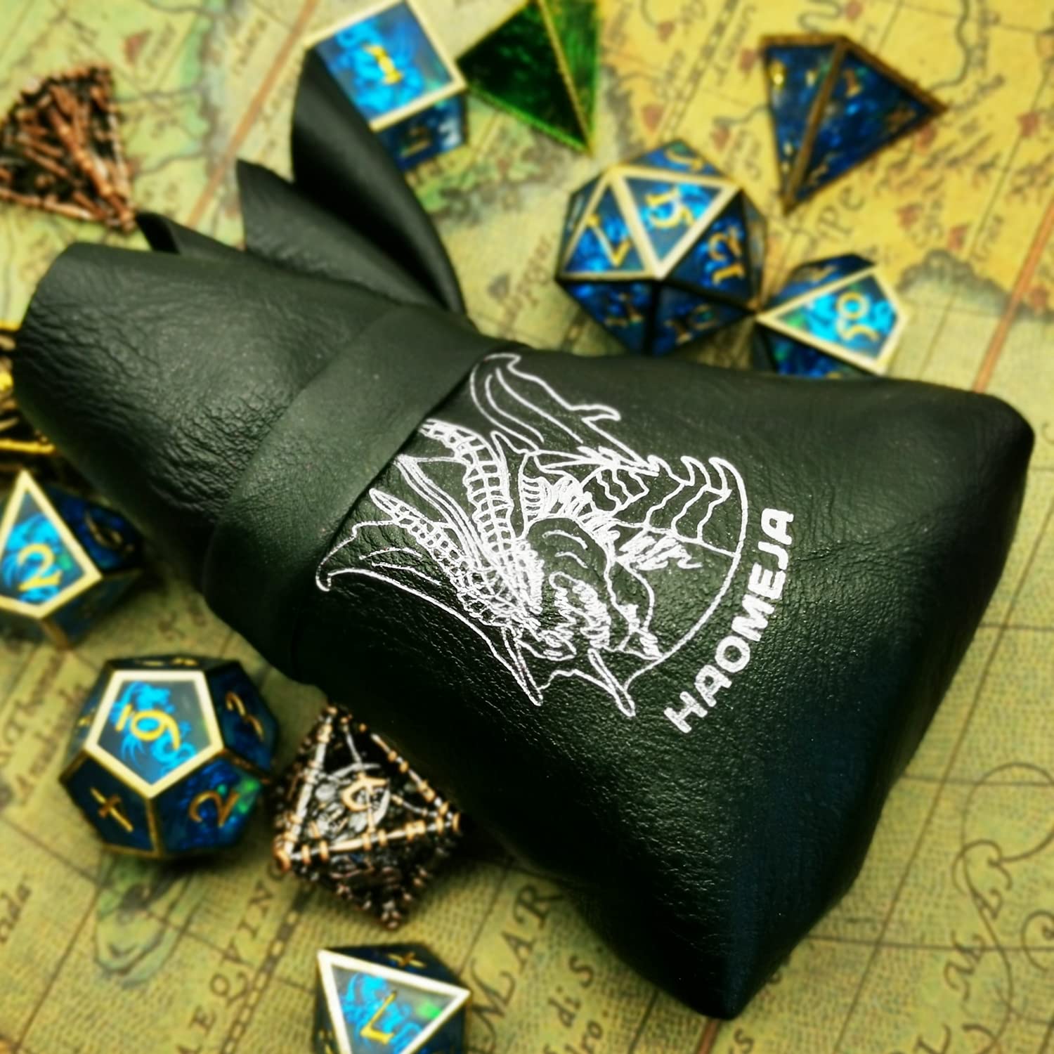 HAOMEJA DND Dice Tray Bag & Tray with Button Role Playing Dice Bag Leather dice Bag Jewelry Coin & Small Accessories Bag Storage Bag (Black)