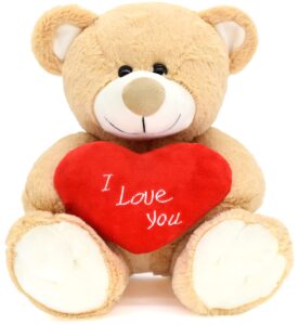 i love you! 10'' teddy bear with red heart, soft plush bear doll stuffed animal toys valentines day decor gifts for her/girlfriend lover mom kids (light brown)