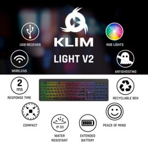 KLIM Light V2 Rechargeable Wireless Keyboard + New 2022 + Slim, Durable, Ergonomic + Backlit Wireless Gaming Keyboard for Laptop PC Mac PS4 PS5 Xbox One + Long-Lasting Built-in Battery (Renewed)