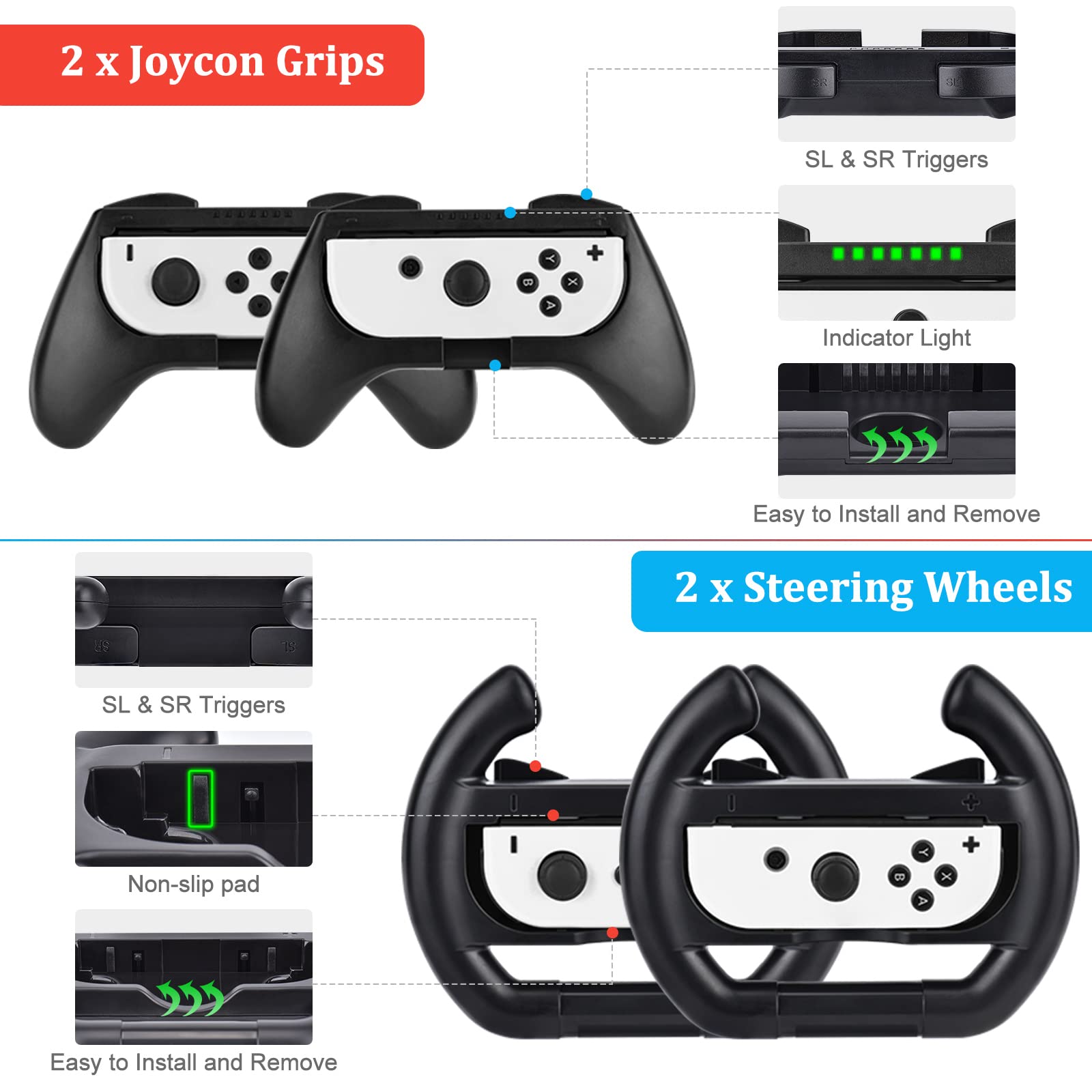 Switch OLED Accessories Bundle, innoAura 20 in 1 Switch OLED Accessories Kit Include Wrist Straps, Switch Carry Case, J-con Charging Dock, J-con Grips & Racing Wheels