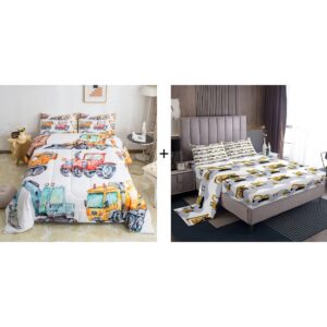 erosebridal 7pcs kids excavator comforter set with truck fitted sheet&cartoon car top sheet&tractor pillow cases