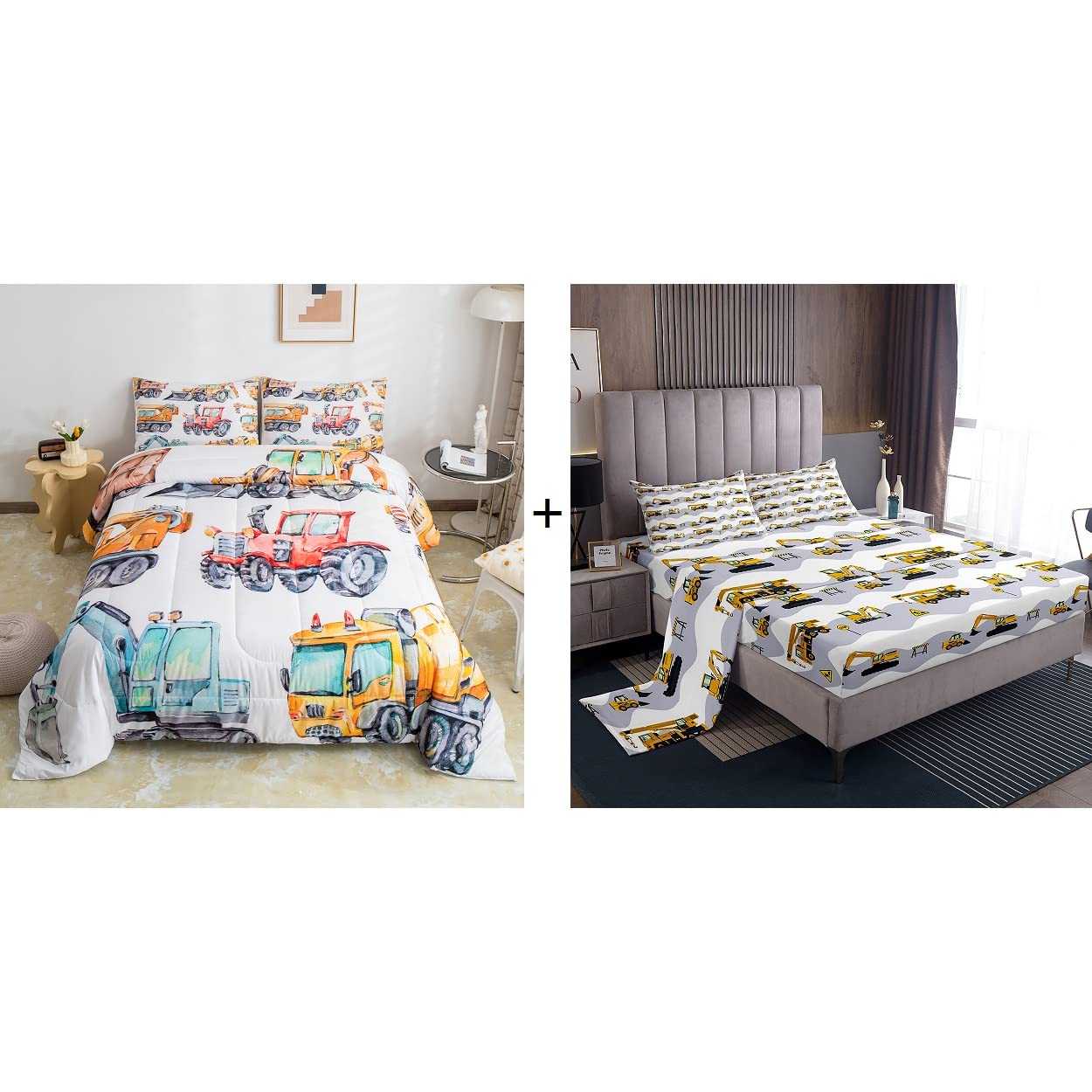 Erosebridal 7PCS Kids Excavator Comforter Set with Truck Fitted Sheet&Cartoon Car Top Sheet&Tractor Pillow Cases