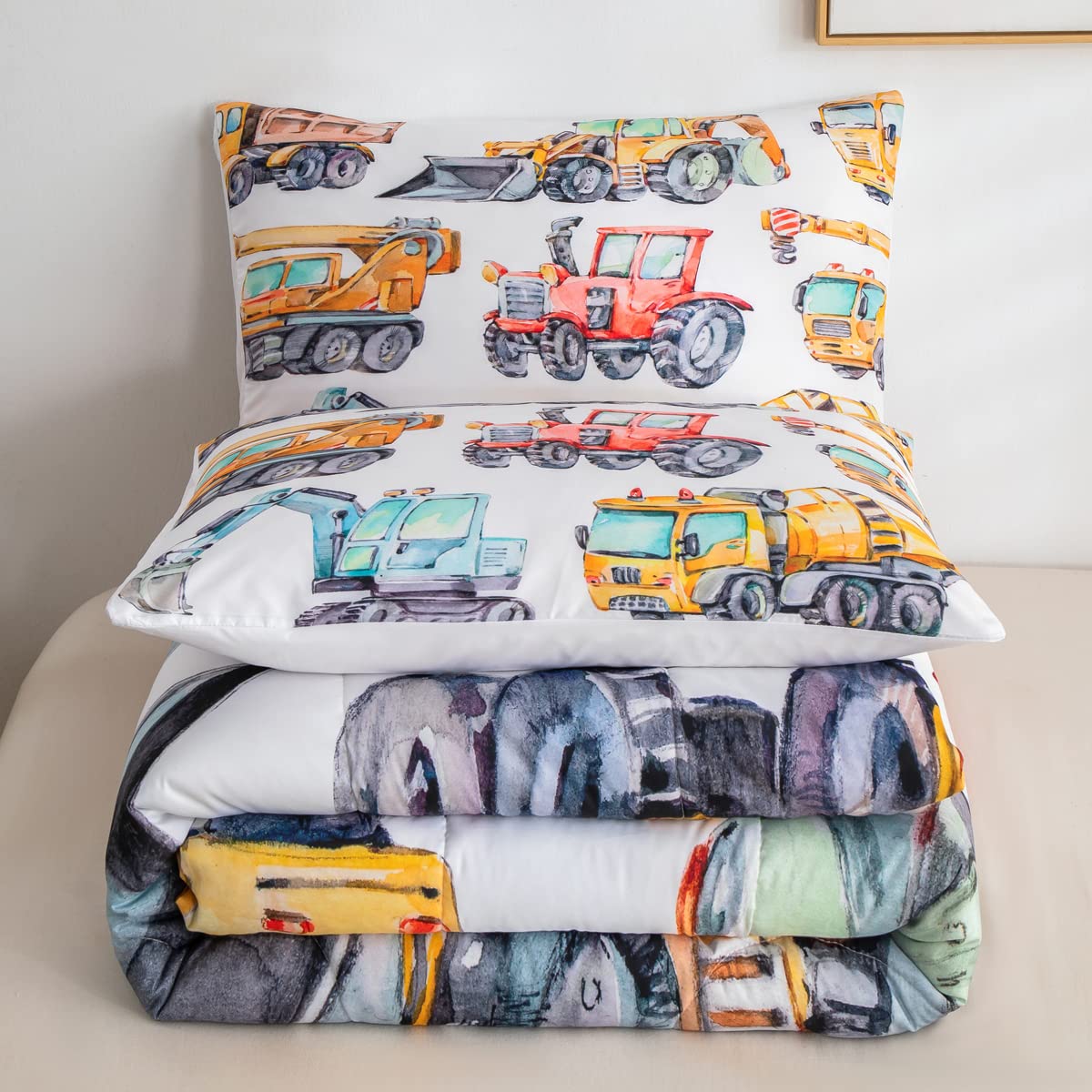 Erosebridal 7PCS Kids Excavator Comforter Set with Truck Fitted Sheet&Cartoon Car Top Sheet&Tractor Pillow Cases