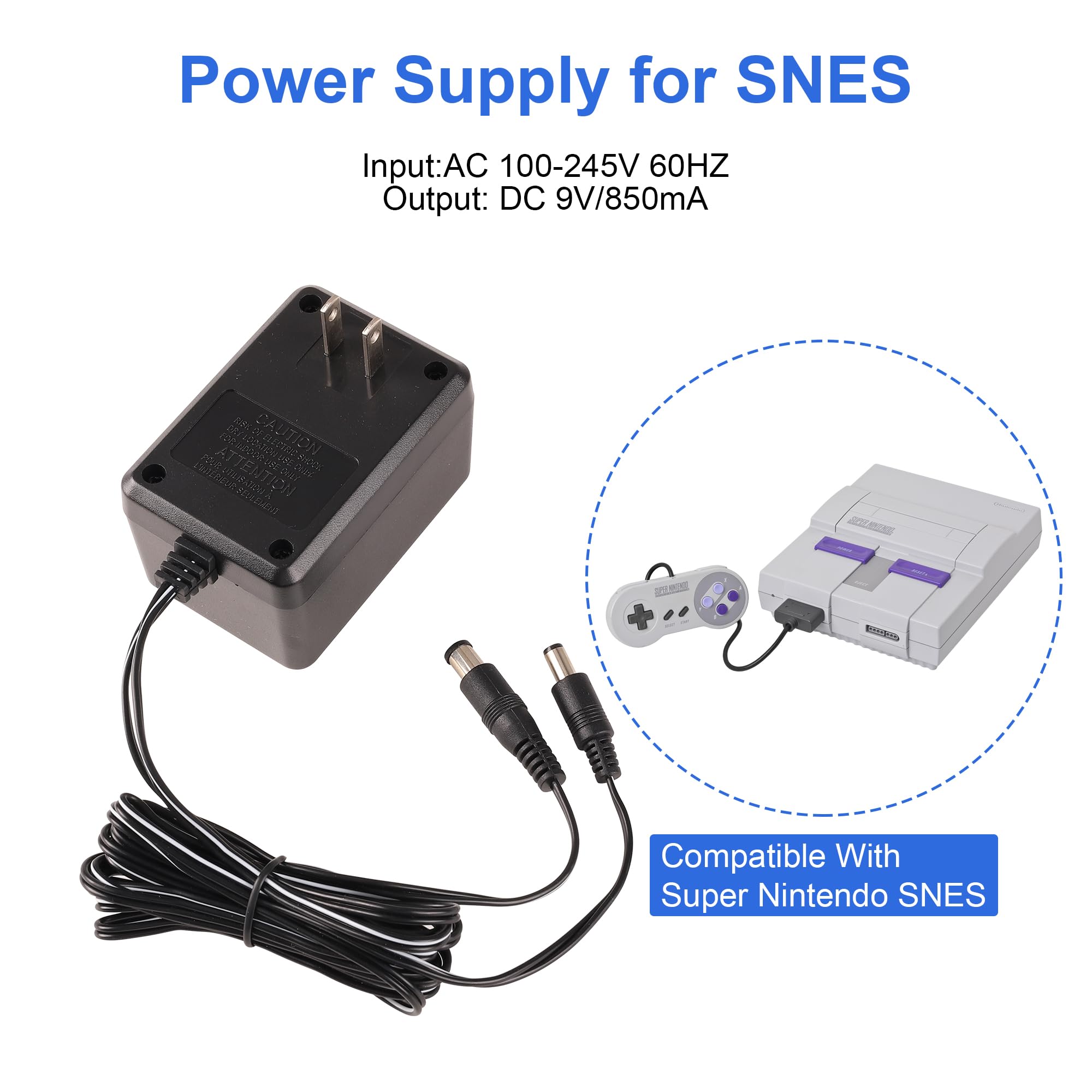 SNES Power Supply and AV Cable, AC Power Cord and Audio Video RCA AV Cable Compatible with Super Nintendo, SNES Power Adapter & AV Cord Bundle Set