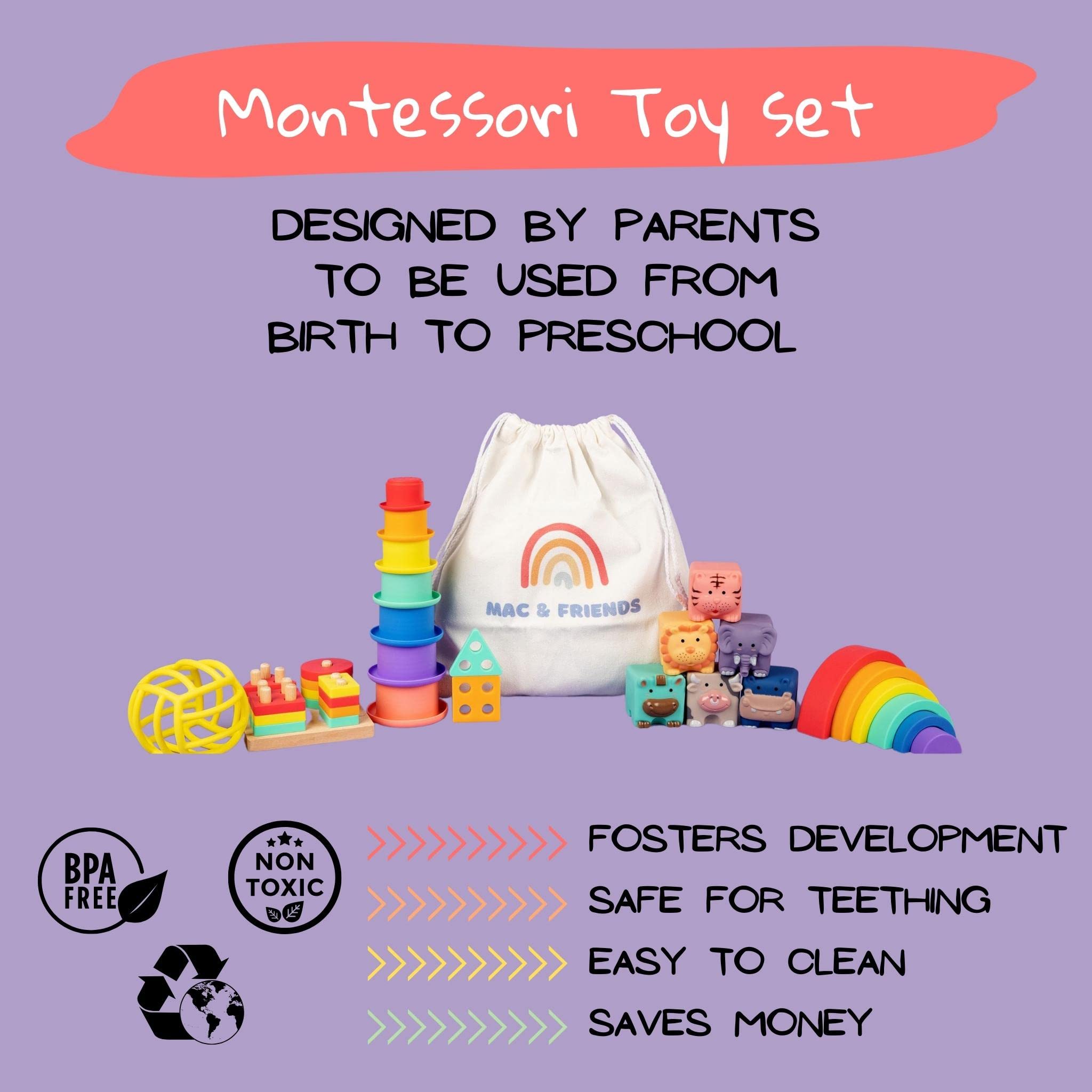 Mac & Friends 5-in-1 Montessori Toy Set Designed by Parents | Great Gift for Baby Shower, New Sibling or Birthday Party | Educational Soft Sensory Toys for 0 Months to 3+ Years