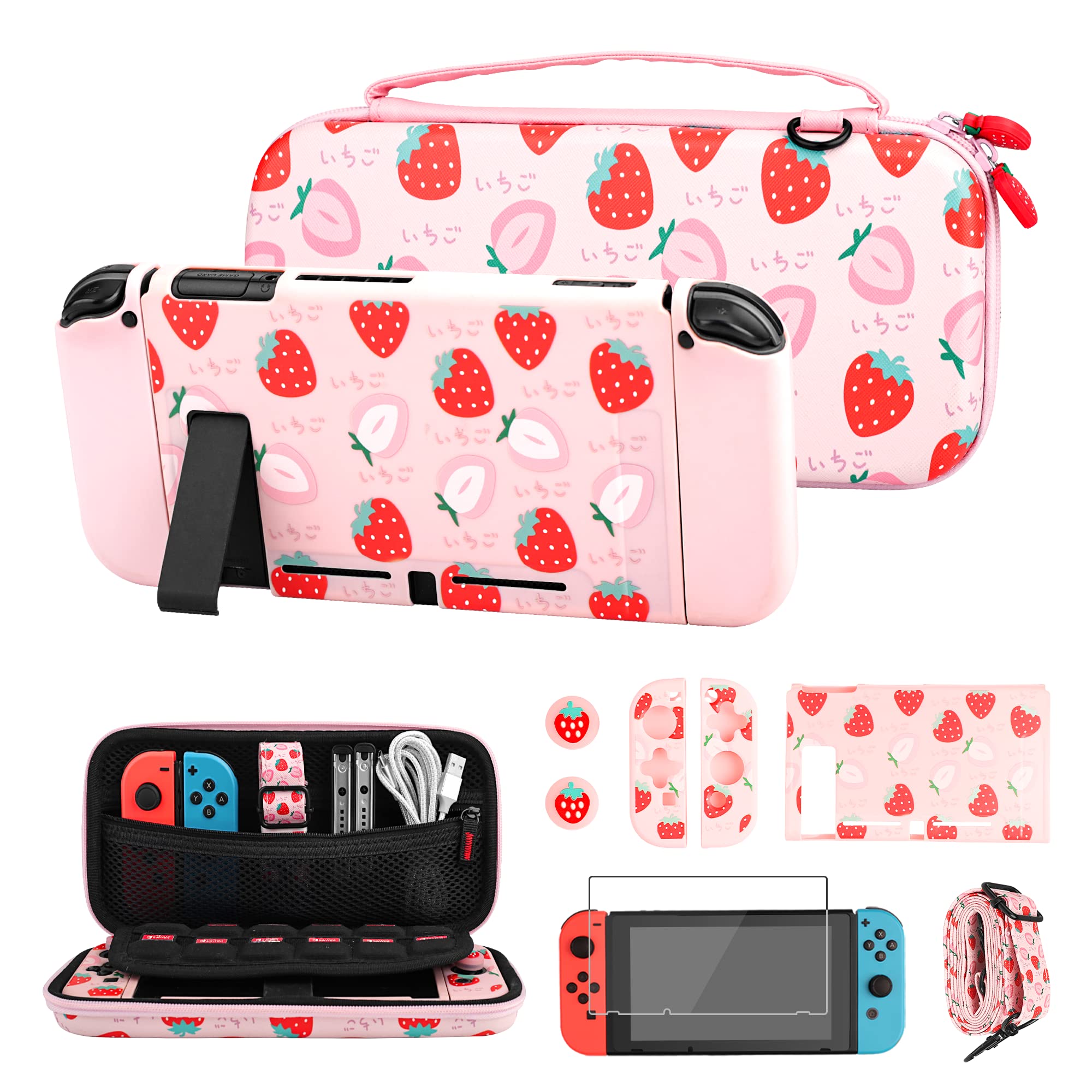 FUNDIARY Cute Strawberry Carrying Case for Nintendo Switch, Travel Bag Accessories Bundle for Switch with Protective Case, Screen Protector, Adjustable Shoulder Strap and 2 Strawberry Thumb Caps