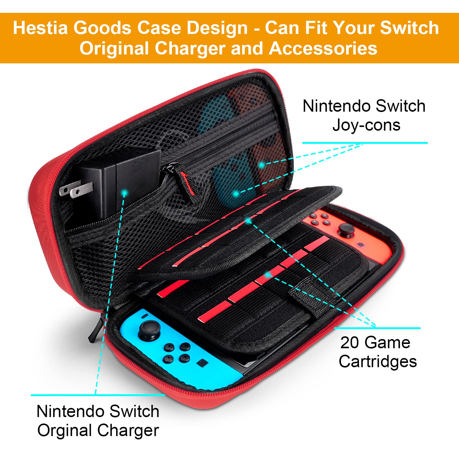 Deruitu Switch Carrying Case Compatible with Nintendo Switch - Fit AC Charger Adapter - with 20 Game Cartridges Hard Shell Travel Switch Pouch for Console & Accessories，Red