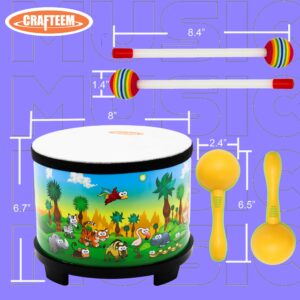 Crafteem Floor Tom Drum for Kids 8-inch Percussion Instrument Music Drum with 2 Mallets and Color Maracas for Baby Children Special Christmas Birthday Toy Gift