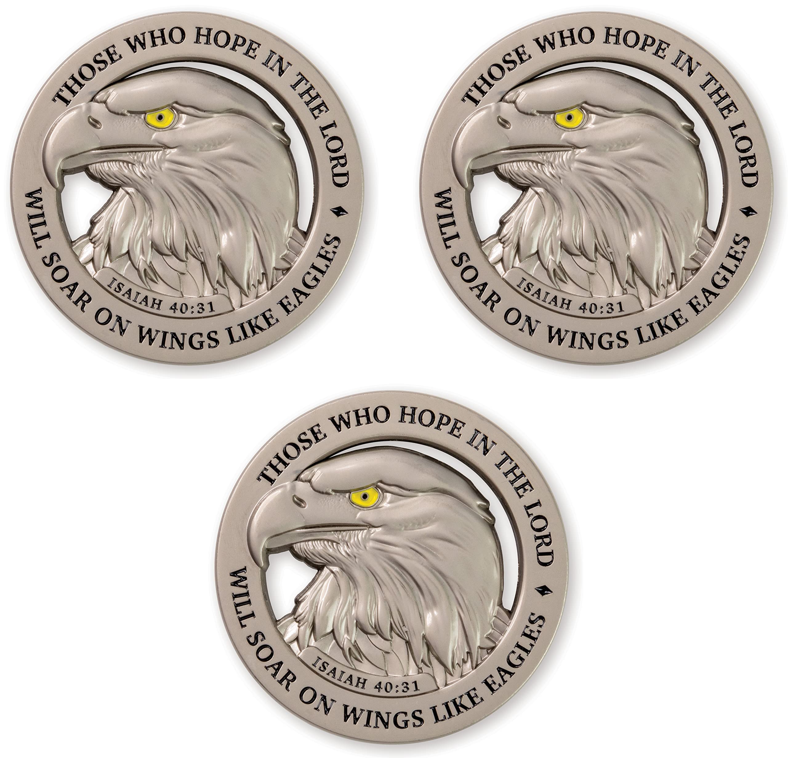 American Bald Eagle Challenge Coin, Bulk Pack of 3 Christian Pocket Tokens, Isaiah 40:31 Bible Study Supplies for Men, Religious Worry & EDC Coins for Police & Military Veterans