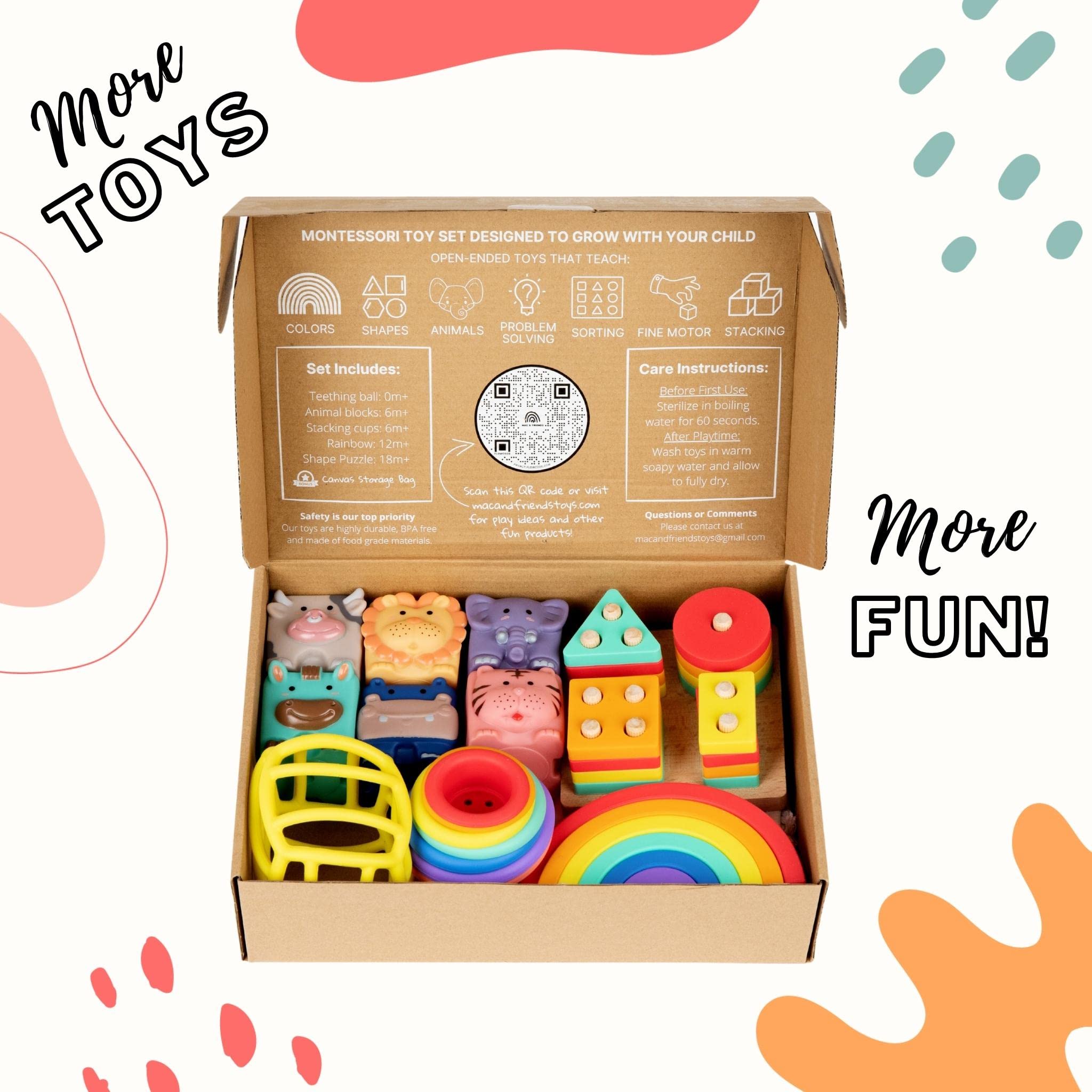 Mac & Friends 5-in-1 Montessori Toy Set Designed by Parents | Great Gift for Baby Shower, New Sibling or Birthday Party | Educational Soft Sensory Toys for 0 Months to 3+ Years