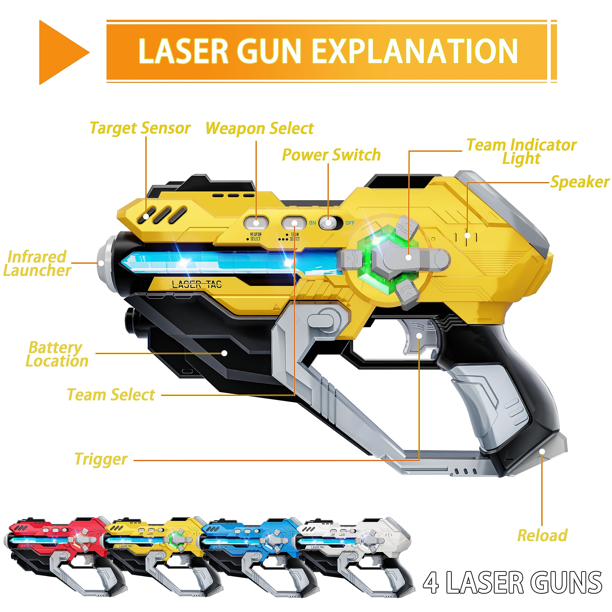 Kusntin Laser Tag Guns Set & Vests, Player Digital LED Display, Infrared Multi-Function Toy Gun, Arcade Gifts for Kids & Adults,Boys Girls for 8-12+ Years Old (Old Set of 4)