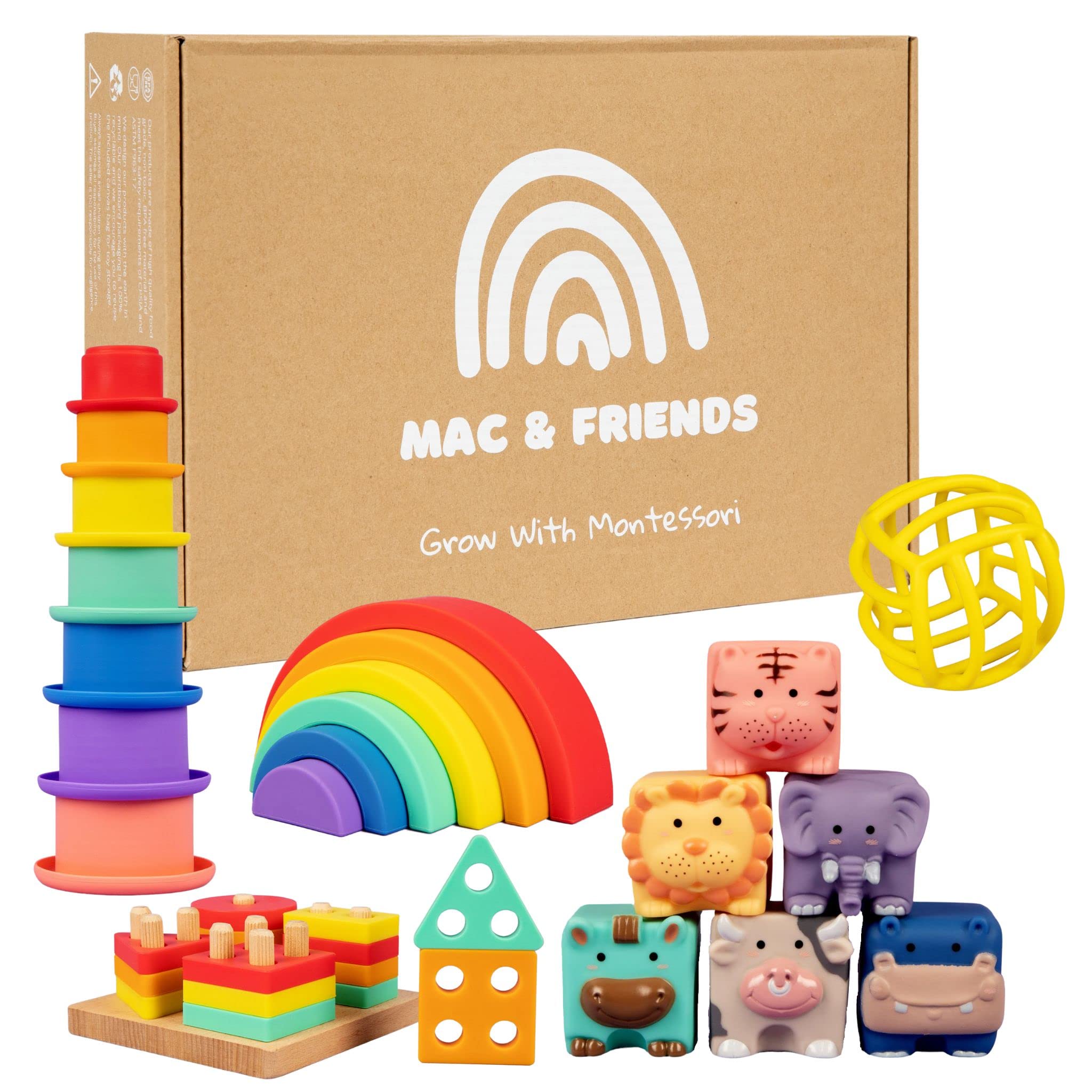 Mac & Friends 5-in-1 Montessori Toy Set Designed by Parents | Great Gift for Baby Shower, New Sibling or Birthday Party | Educational Soft Sensory Toys for 0 Months to 3+ Years