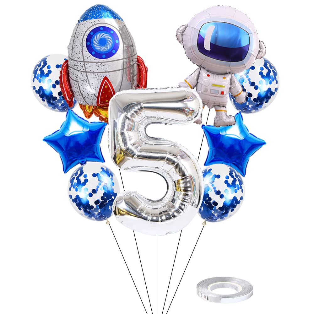 Kawailay Astronaut Rocket 5th Birthday Party Balloons Jumbo Spaceman Birthday Balloons Outer Space Theme Foil Balloons 32 Inch Silver Number 5 Helium Balloon for Birthday Party