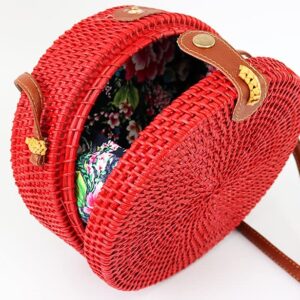 SHAREYOIU Candy Colors Handwoven Round Rattan Shoulders Handbags Natural Chic Hand Tropical Beach Style with Leather Strap (Big，7.87x 3.2 inch, 1#Blue)