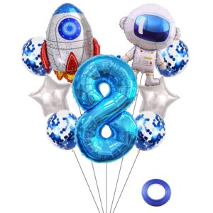 Kawailay Astronaut Rocket 8th Birthday Party Balloons Jumbo Spaceman Birthday Balloons Outer Space Theme Foil Balloons 32 Inch Blue Number 8 Helium Balloon for Birthday Party