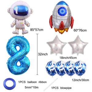 Kawailay Astronaut Rocket 8th Birthday Party Balloons Jumbo Spaceman Birthday Balloons Outer Space Theme Foil Balloons 32 Inch Blue Number 8 Helium Balloon for Birthday Party