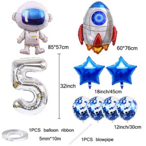 Kawailay Astronaut Rocket 5th Birthday Party Balloons Jumbo Spaceman Birthday Balloons Outer Space Theme Foil Balloons 32 Inch Silver Number 5 Helium Balloon for Birthday Party