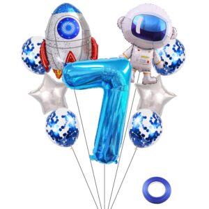 Kawailay Astronaut Rocket 7th Birthday Party Balloons Jumbo Spaceman Birthday Balloons Outer Space Theme Foil Balloons 32 Inch Blue Number 7 Helium Balloon for Birthday Party