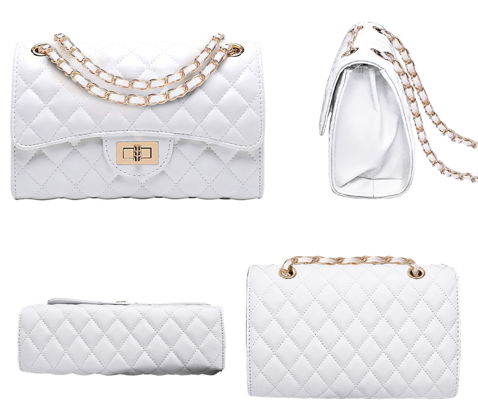 Eveupp White Purses for Women White Crossbody Bags for Women Quilted Purse with Chain Strap L