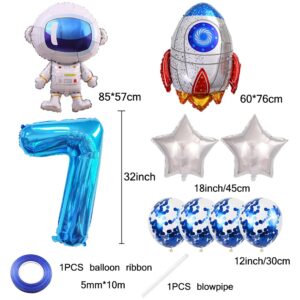 Kawailay Astronaut Rocket 7th Birthday Party Balloons Jumbo Spaceman Birthday Balloons Outer Space Theme Foil Balloons 32 Inch Blue Number 7 Helium Balloon for Birthday Party