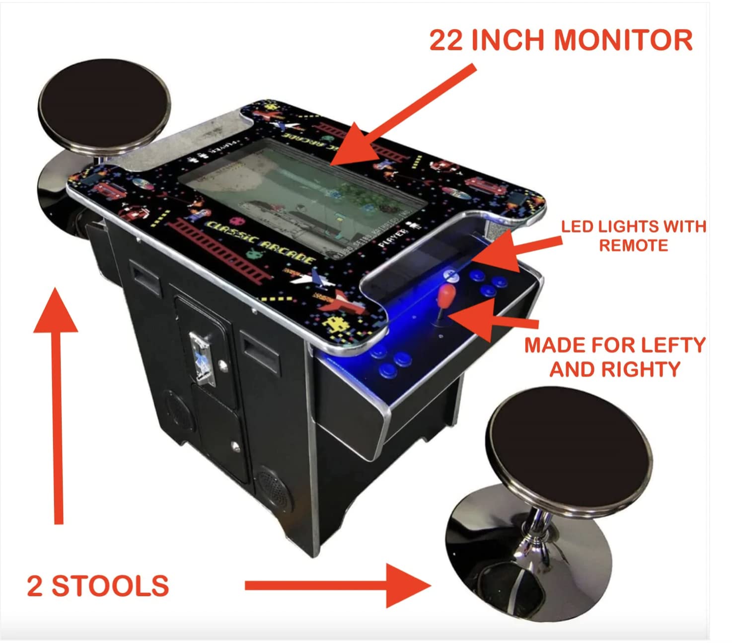 Top Us Video Arcades Full Size Commercial Grade Cocktail Arcade Machine 2 Player Retro 60 Games 22" LCD Screen Tempered Glass 2 Stools Included 5 Year Warranty Black