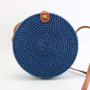 SHAREYOIU Candy Colors Handwoven Round Rattan Shoulders Handbags Natural Chic Hand Tropical Beach Style with Leather Strap (Big，7.87x 3.2 inch, 1#Blue)