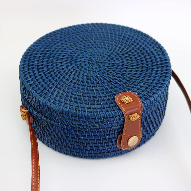 SHAREYOIU Candy Colors Handwoven Round Rattan Shoulders Handbags Natural Chic Hand Tropical Beach Style with Leather Strap (Big，7.87x 3.2 inch, 1#Blue)