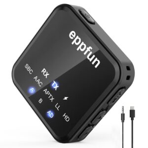 eppfun ak3046c bluetooth 5.2 transmitter receiver, qualcomm aptx-adaptive/aptx hd/ll, dual connection wireless audio adapter with 3.5 mm aux for tv, pc, home stereo system