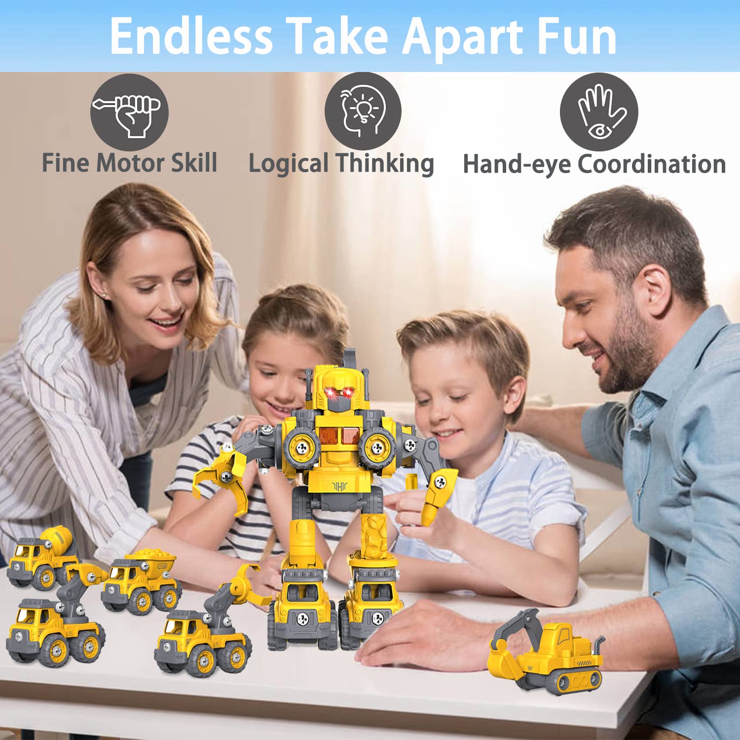 EDPOFUL Take Apart Robot Toys for Boys Construction Vehicles Assembled into 5-in-1 Robot by Big Screw Educational Building Sets with Drill Birthday STEM Gift for Kids 5-7 (13 inch,133Pcs)