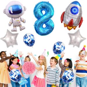 Kawailay Astronaut Rocket 8th Birthday Party Balloons Jumbo Spaceman Birthday Balloons Outer Space Theme Foil Balloons 32 Inch Blue Number 8 Helium Balloon for Birthday Party