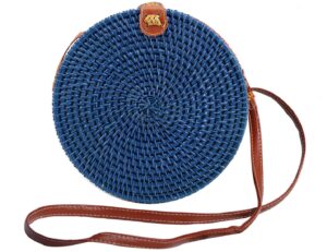 shareyoiu candy colors handwoven round rattan shoulders handbags natural chic hand tropical beach style with leather strap (big，7.87x 3.2 inch, 1#blue)