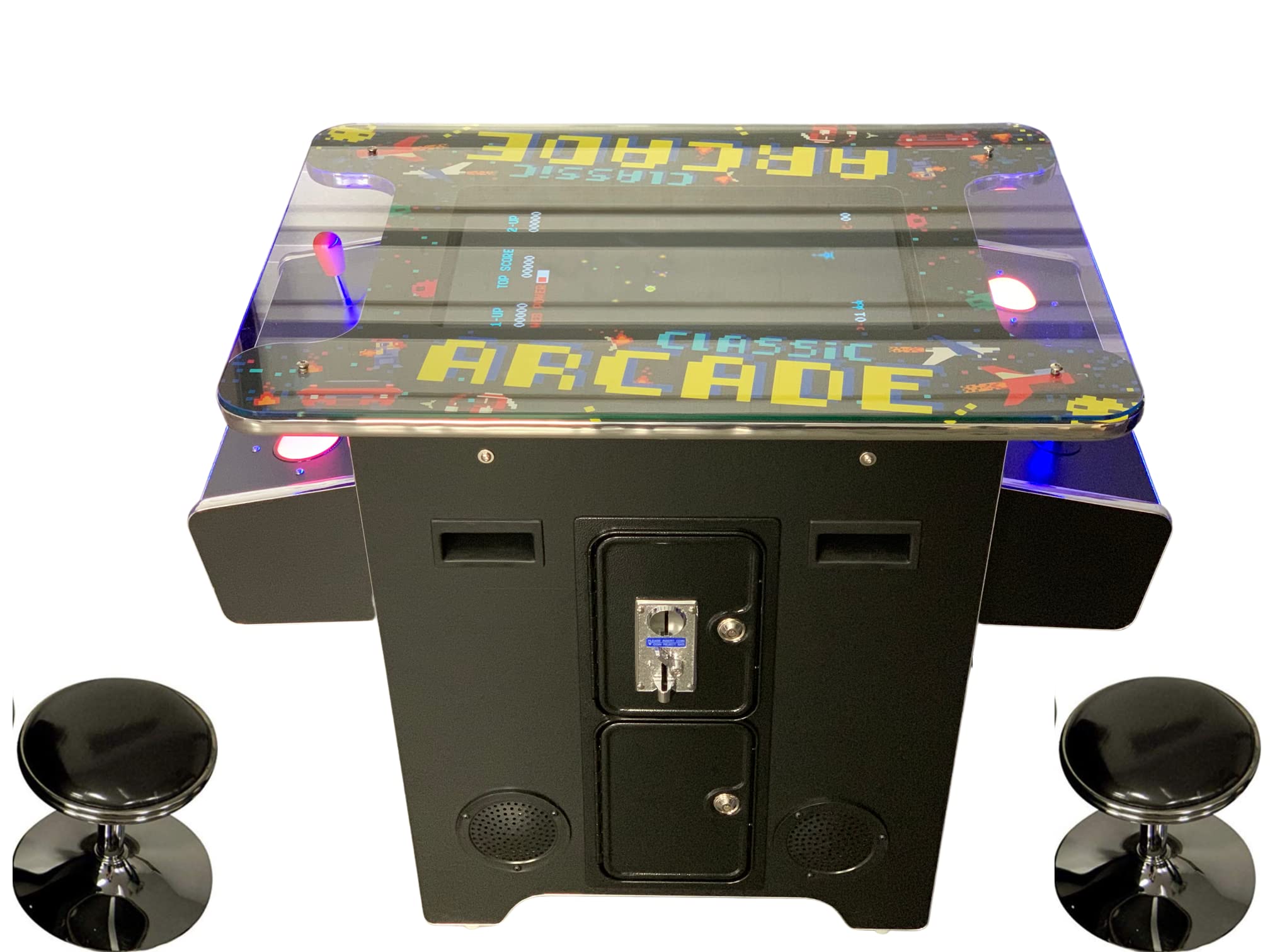 TOP US VIDEO ARCADES Full Size Commercial Grade Cocktail Arcade Machine 2 Player Upgraded Trackballs 412 Games 22" LCD Screen Tempered Glass 2 Stools Included 5 Year Warranty Black