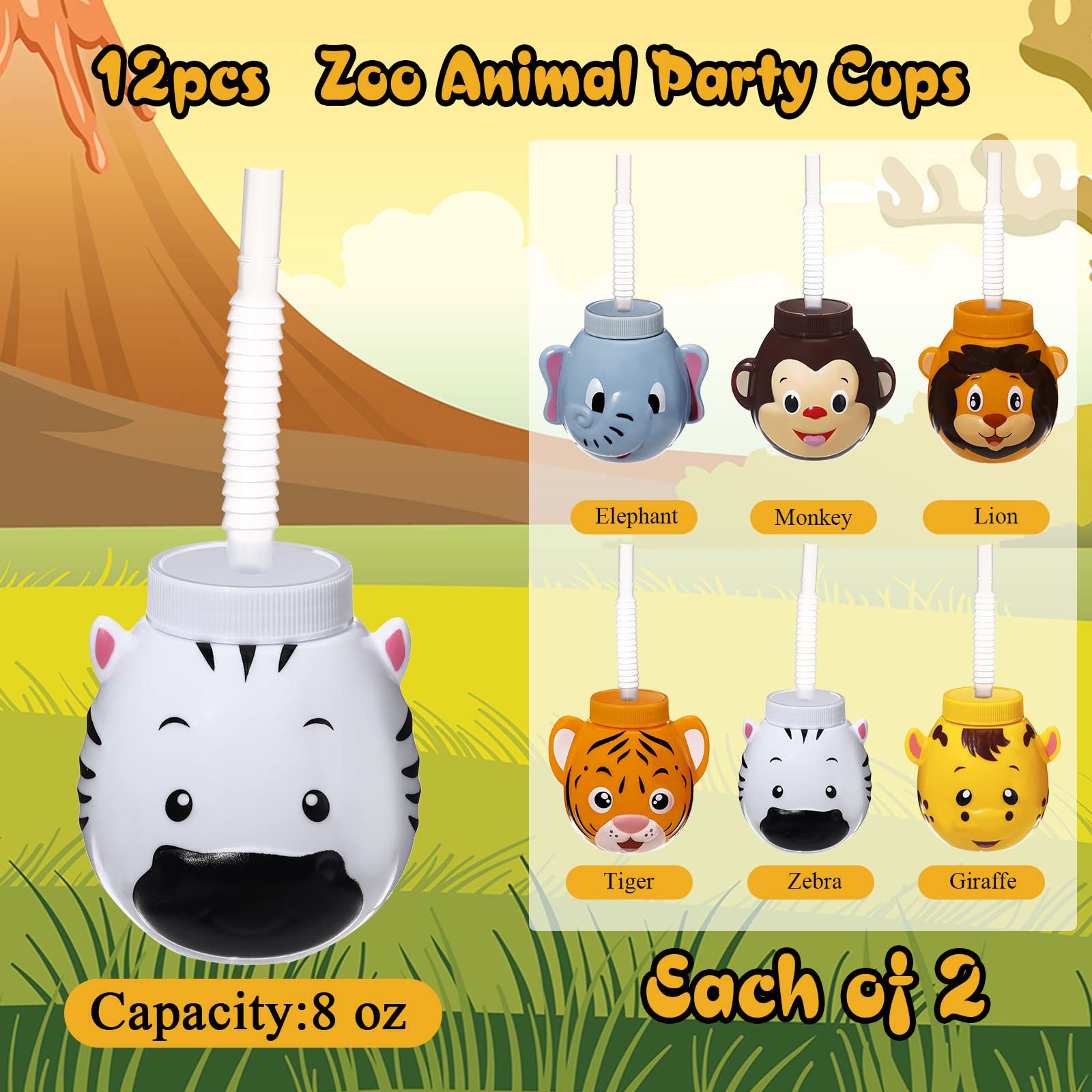 12 Set Zoo Animal Cups with Straws and Lids, 10 oz Plastic Reusable Safari Jungle Animal Theme Party Kids Cups for Elephant, Monkey, Lion, Tiger, Zebra, Giraffe, Safari Birthday Party Supplies