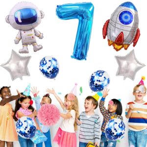 Kawailay Astronaut Rocket 7th Birthday Party Balloons Jumbo Spaceman Birthday Balloons Outer Space Theme Foil Balloons 32 Inch Blue Number 7 Helium Balloon for Birthday Party