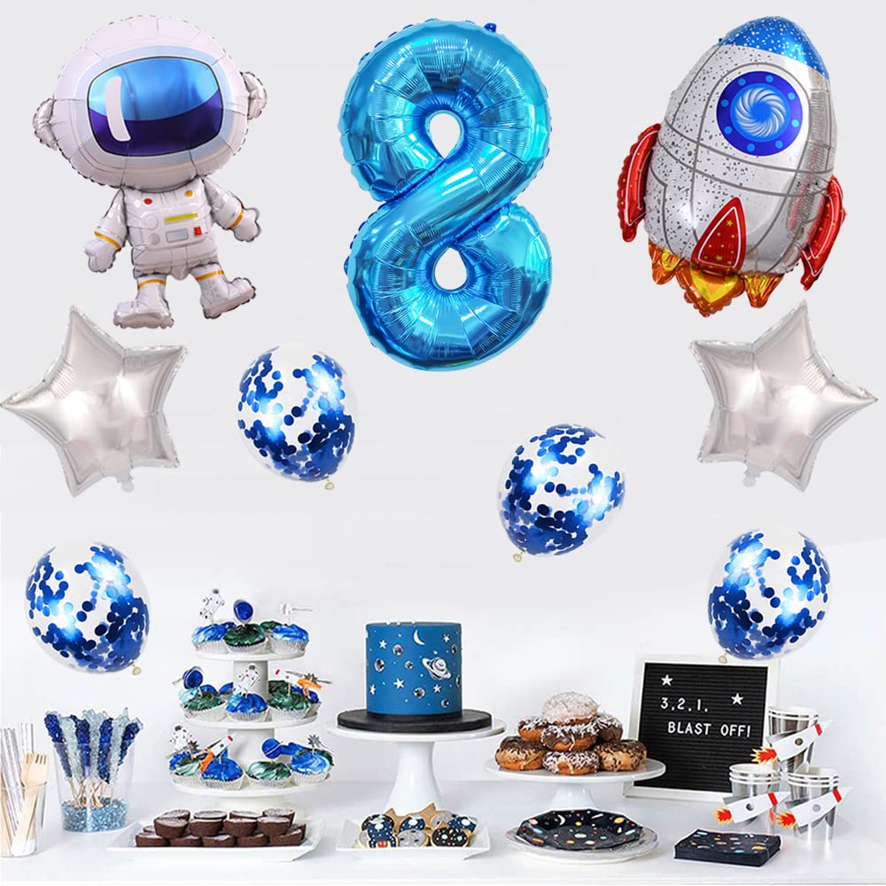 Kawailay Astronaut Rocket 8th Birthday Party Balloons Jumbo Spaceman Birthday Balloons Outer Space Theme Foil Balloons 32 Inch Blue Number 8 Helium Balloon for Birthday Party