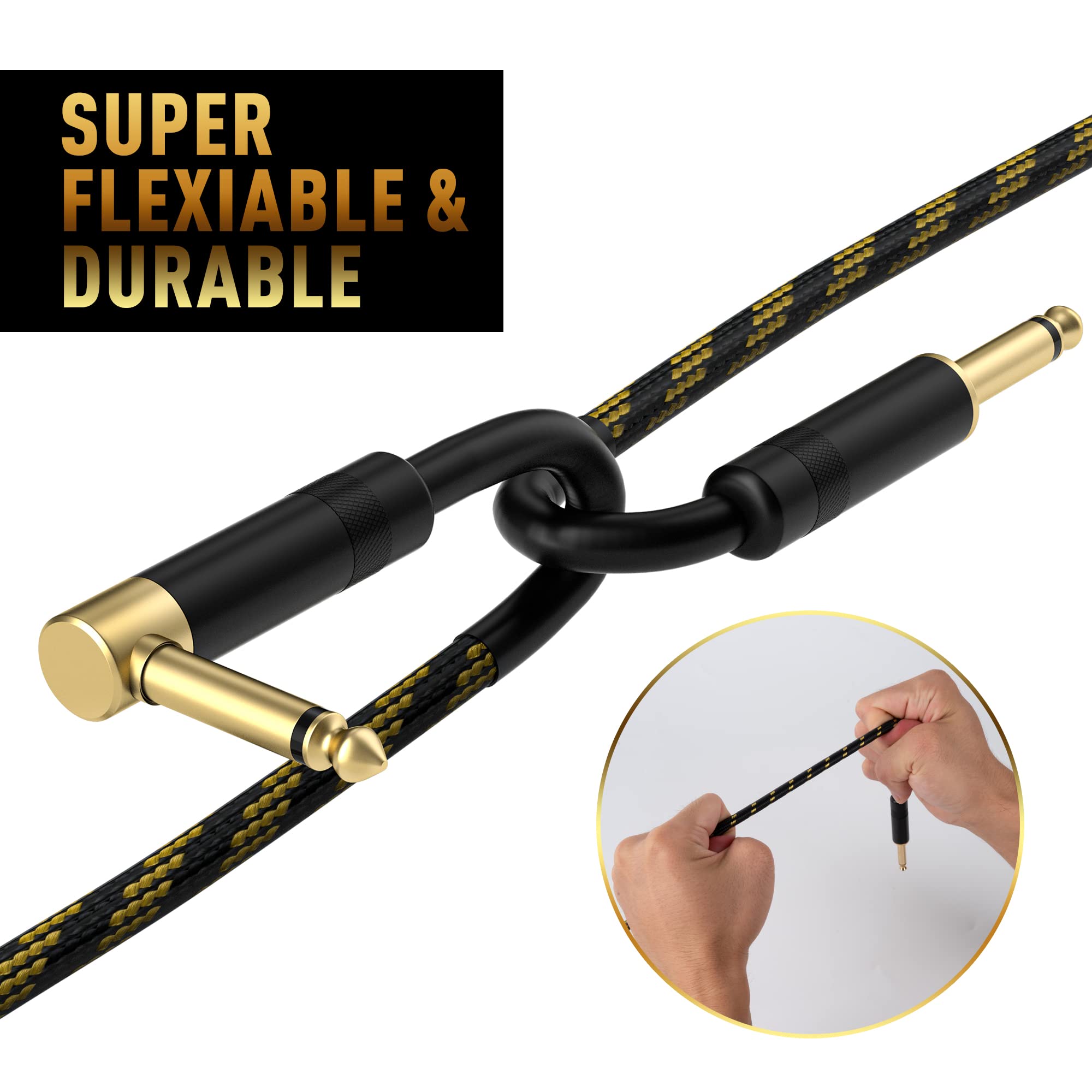 Guitar Cable 10 Feet/2 Pack-Right Angle+Straight to Straight Instrument Cable-Gold Plated Nylon Braided-90 Degree 1/4 Inch TS Electric Bass Guitar Cord Amp Cable 6.35mm Male with 6 Guitar Picks+5 Ties